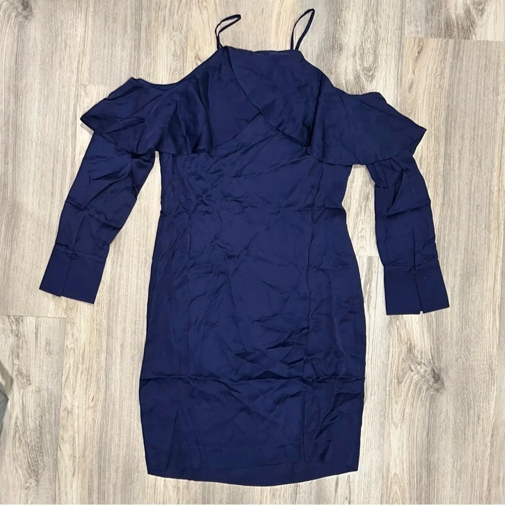 NWT SuperTrash ST Studio Navy Ruffle Off Shoulder Long Sleeve Mini Dress Size S - Picture 9 of 9